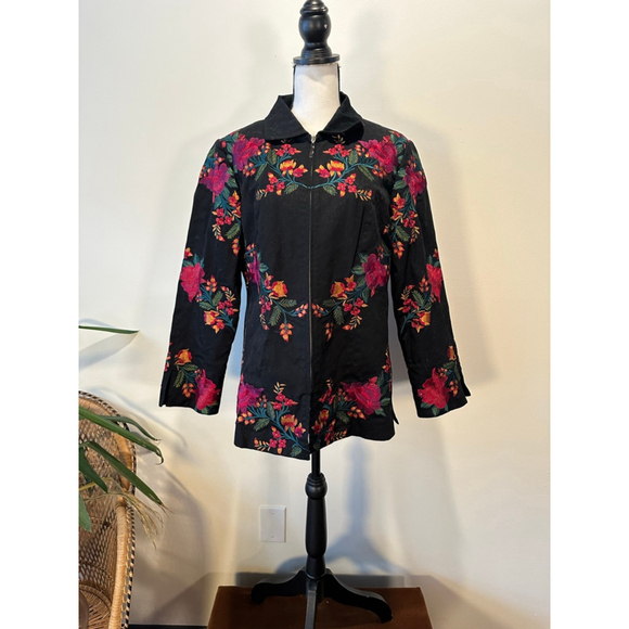 Spirit Embroidered Floral Jacket | Black Cotton Zip Folk Art Coat - M - Picture 1 of 9